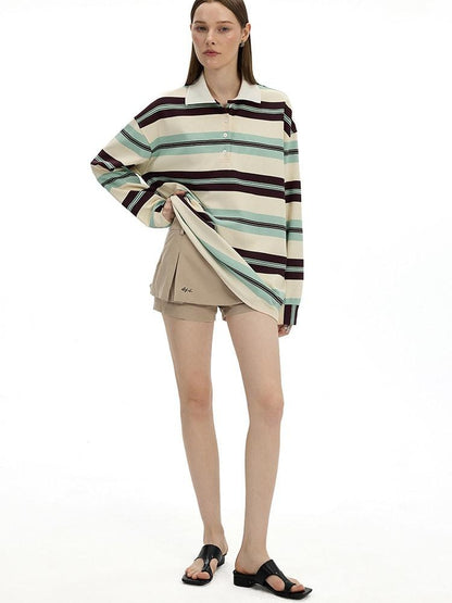 AFTADAWN Boxy Patchwork Colorblock Stripe Polo Women&