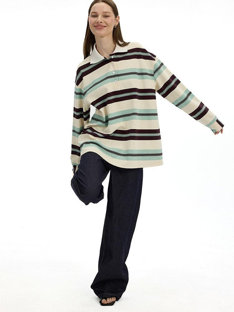 AFTADAWN Boxy Patchwork Colorblock Stripe Polo Women&