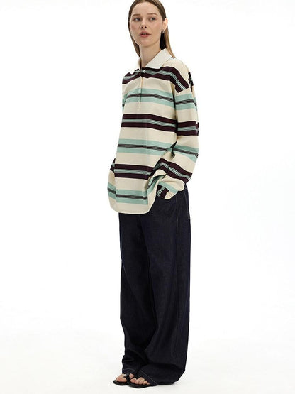 AFTADAWN Boxy Patchwork Colorblock Stripe Polo Women&