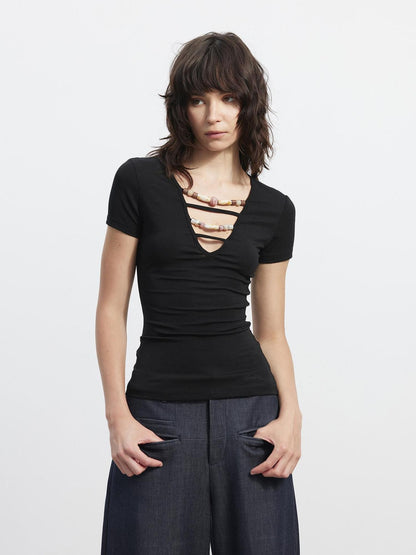 AFTADAWN Brown Beaded Cutout V-neck Pleated Slim Fit Women&