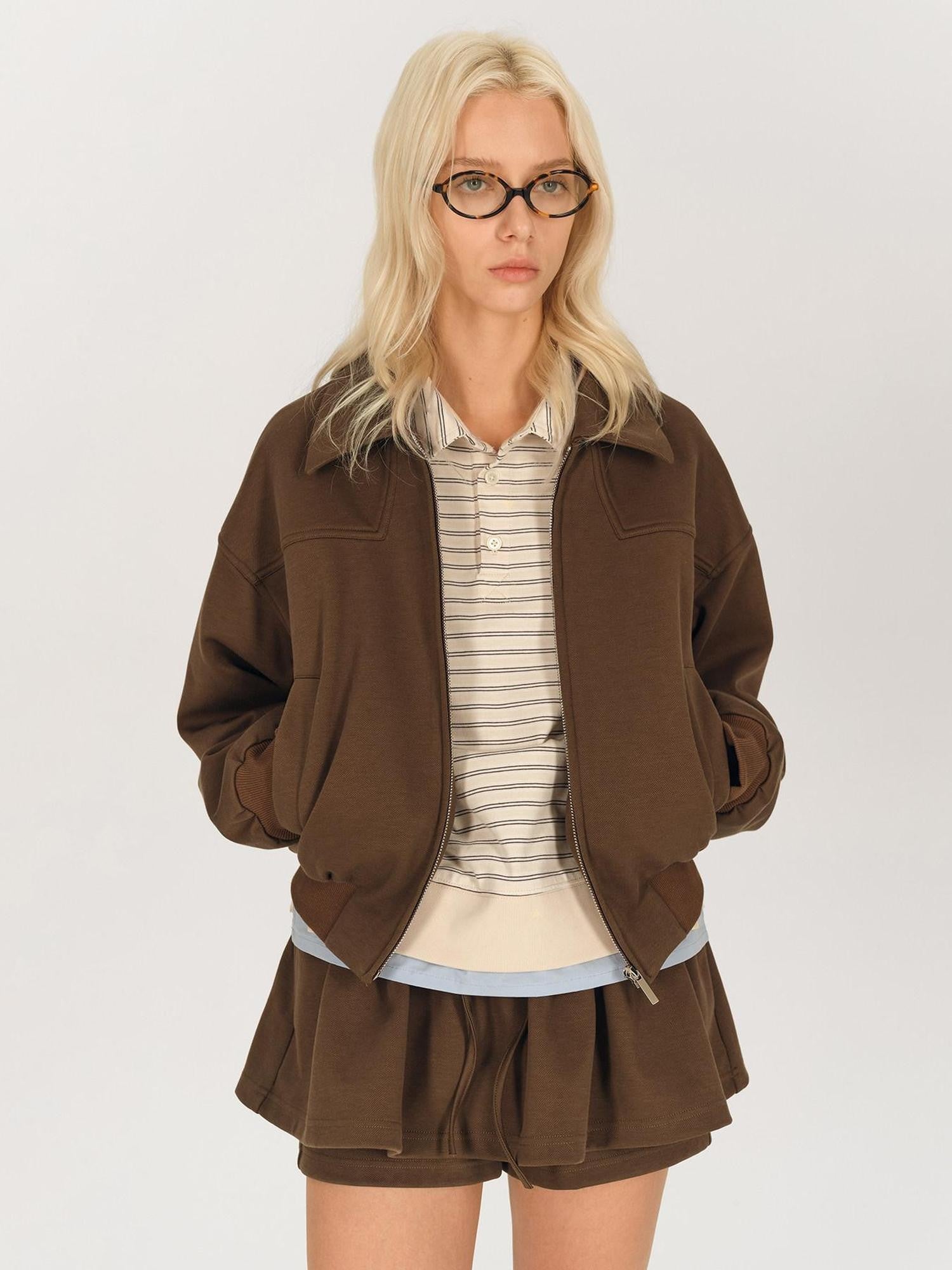 AFTADAWN Brown Deconstructed Zipper Lapel Women&