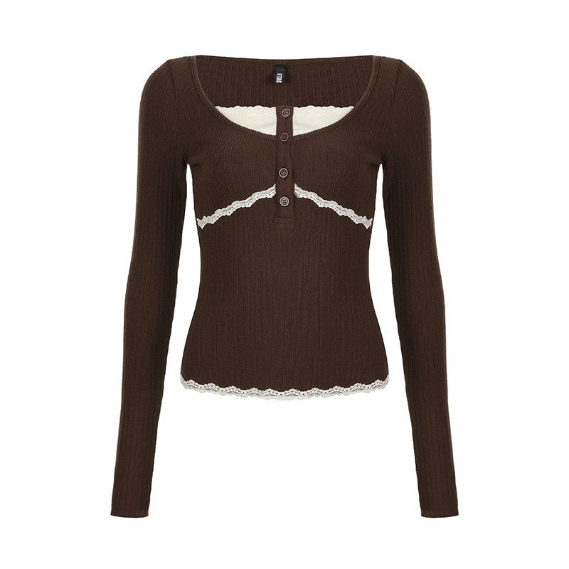 AFTADAWN_Brown_Lace_Trim_Patchwork_Faux_Two_Piece_Women&
