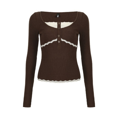 AFTADAWN_Brown_Lace_Trim_Patchwork_Faux_Two_Piece_Women&