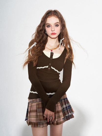 AFTADAWN Brown Lace Trim Patchwork Faux Two Piece Women&