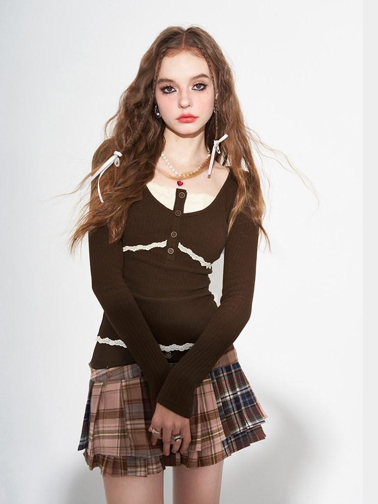 AFTADAWN Brown Lace Trim Patchwork Faux Two Piece Women&