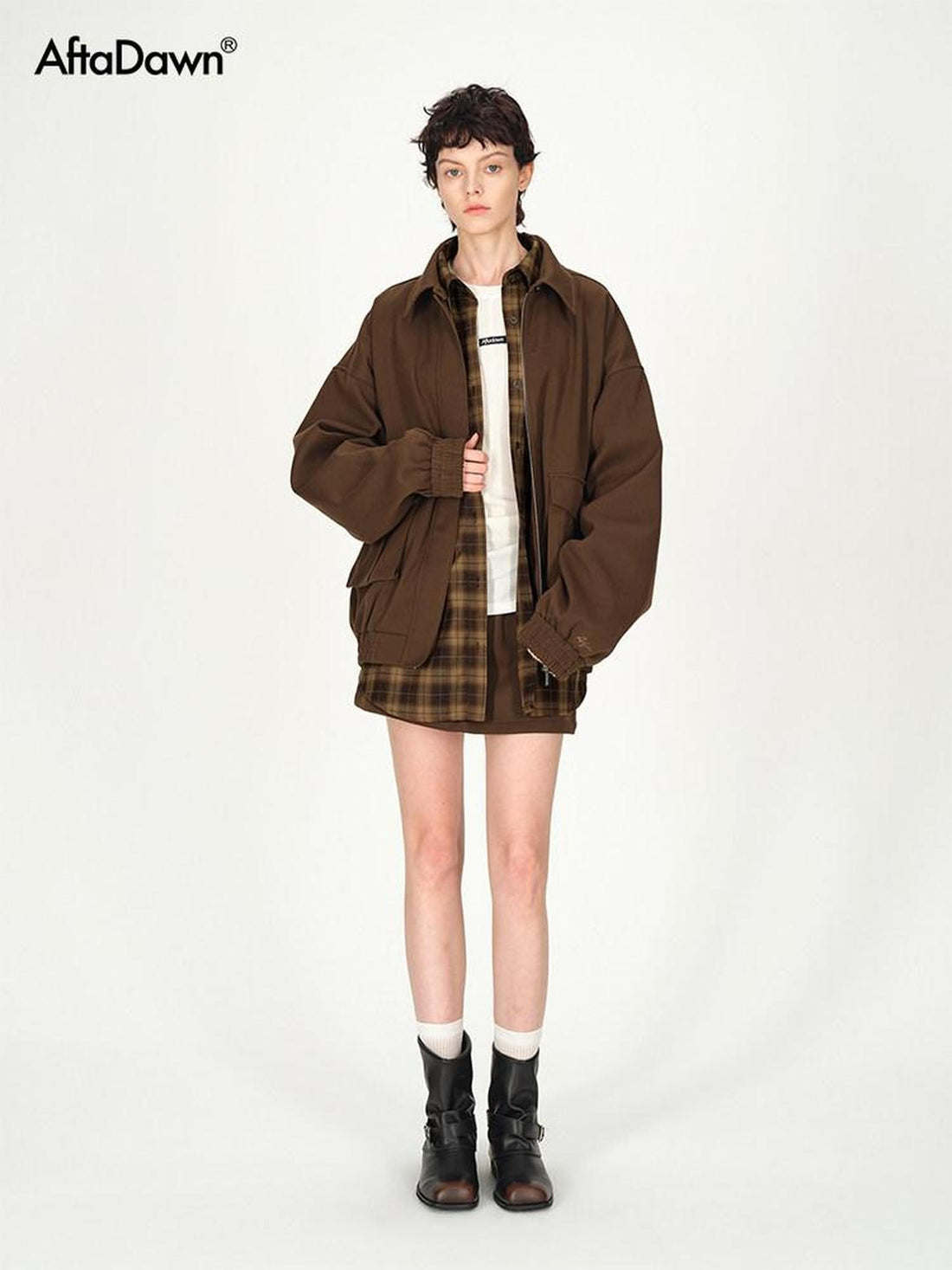 AFTADAWN Brown Lapel Double Zip Pockets A Line Women&