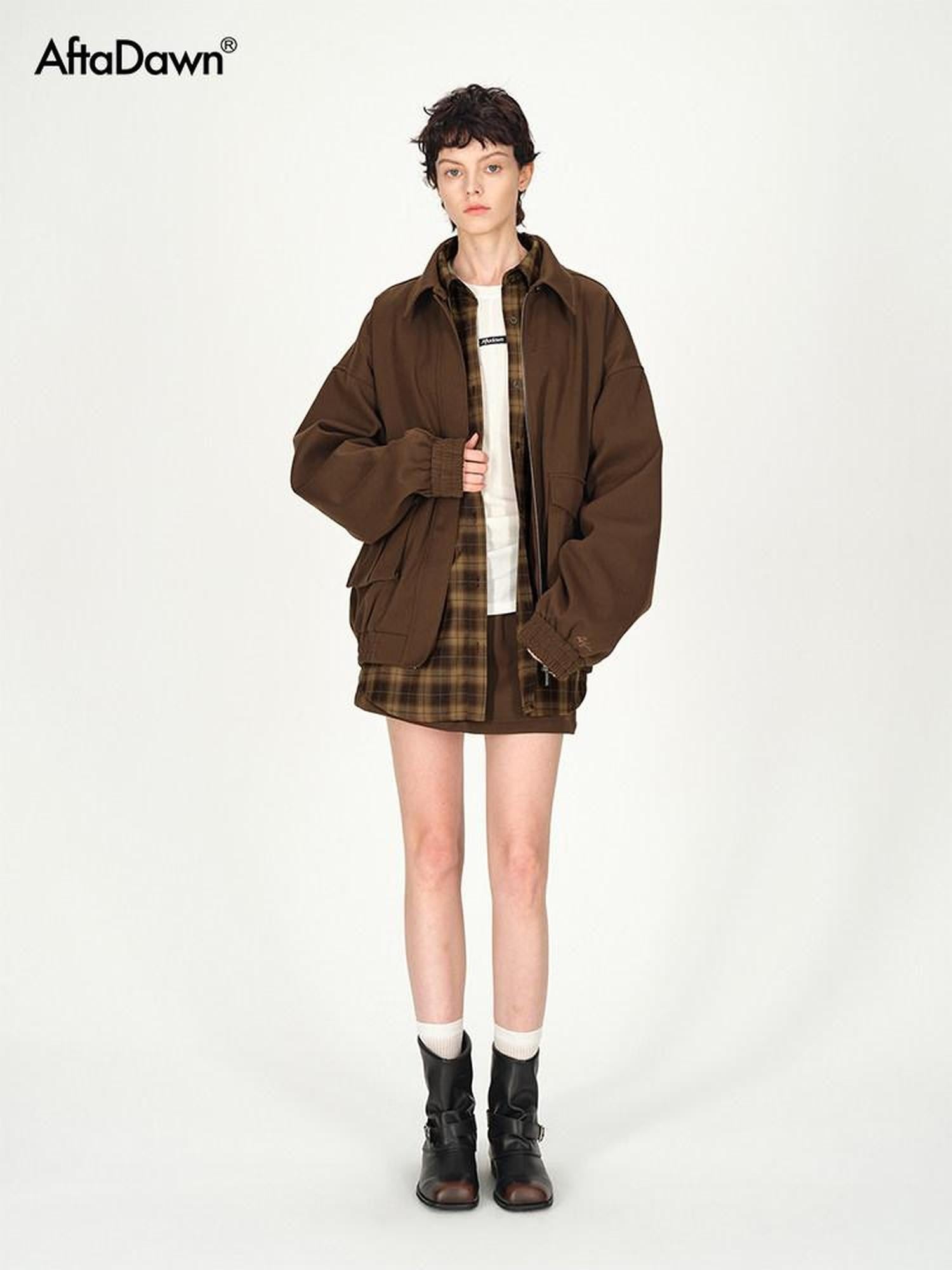 AFTADAWN Brown Lapel Double Zip Pockets A Line Women&