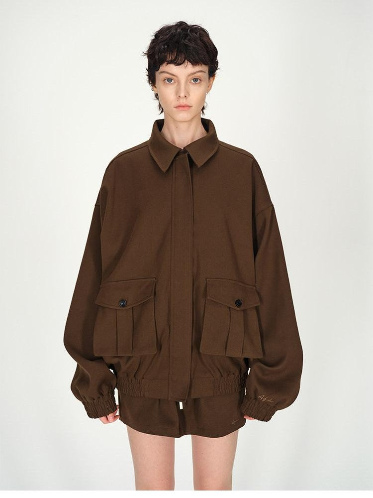 AFTADAWN Brown Lapel Double Zip Pockets A Line Women&