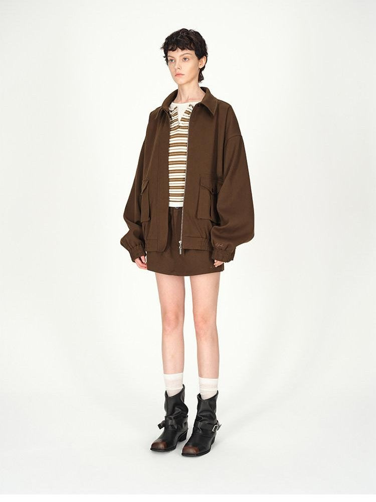 AFTADAWN Brown Lapel Double Zip Pockets A Line Women&