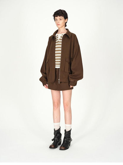 AFTADAWN Brown Lapel Double Zip Pockets A Line Women&