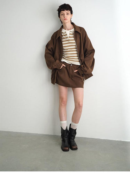 AFTADAWN Brown Lapel Double Zip Pockets A Line Women&