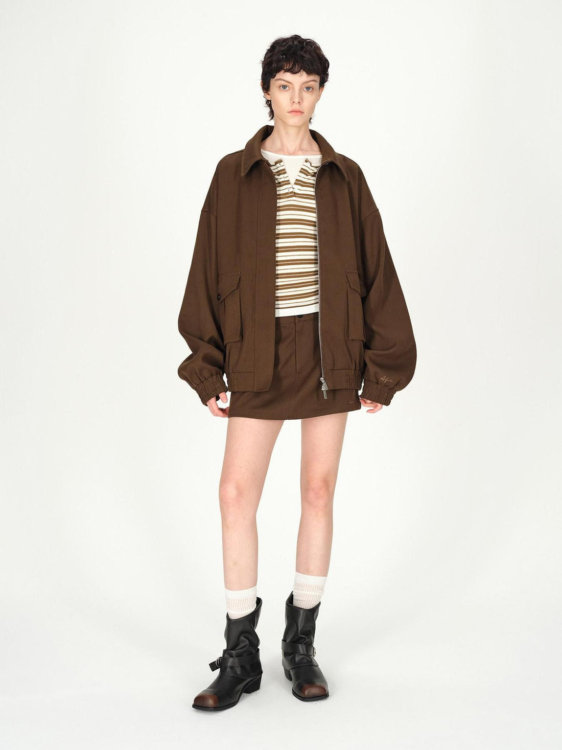 AFTADAWN Brown Lapel Double Zip Pockets A Line Women&