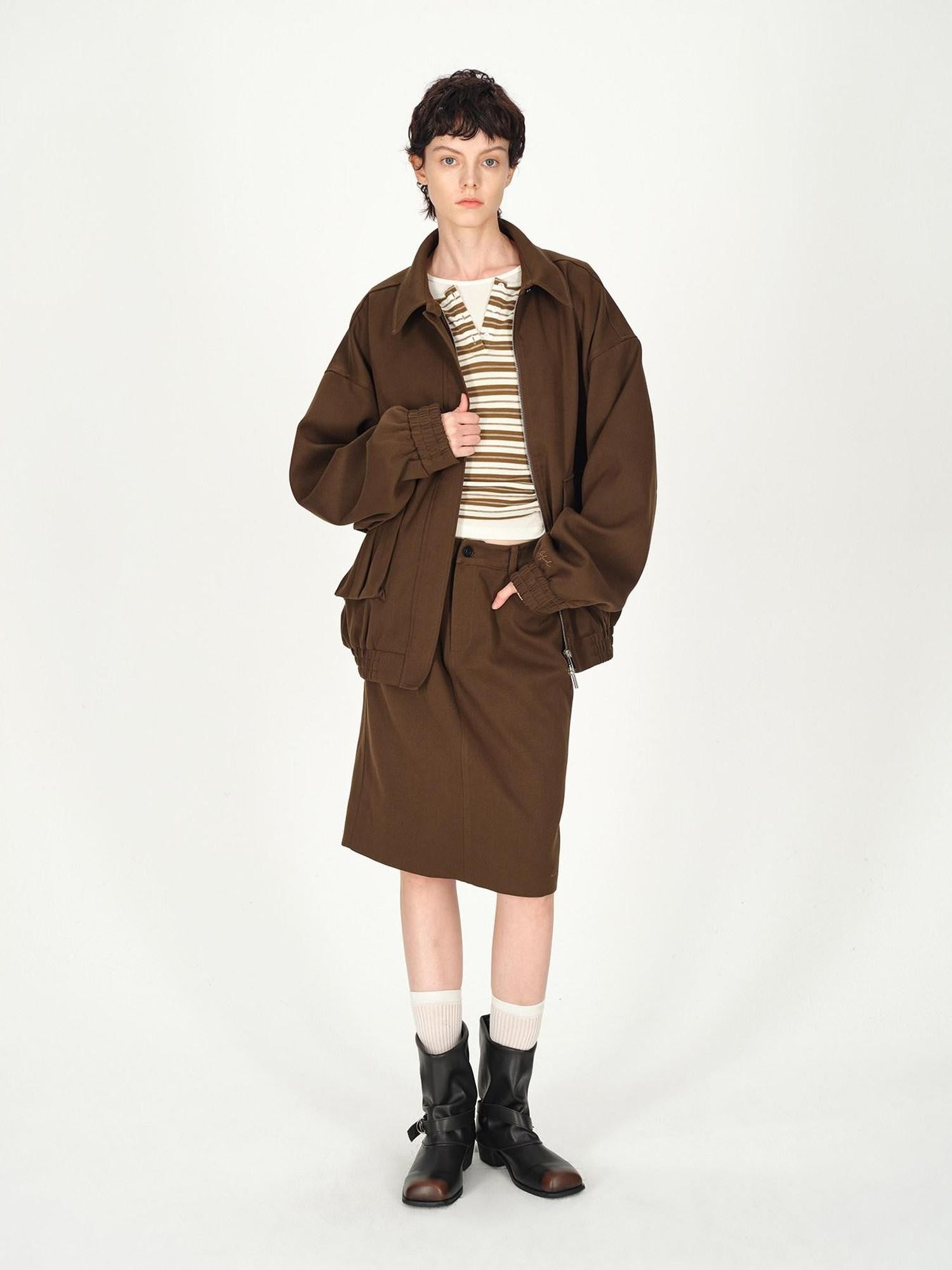 AFTADAWN Brown Lapel Double Zip Pockets A Line Women&