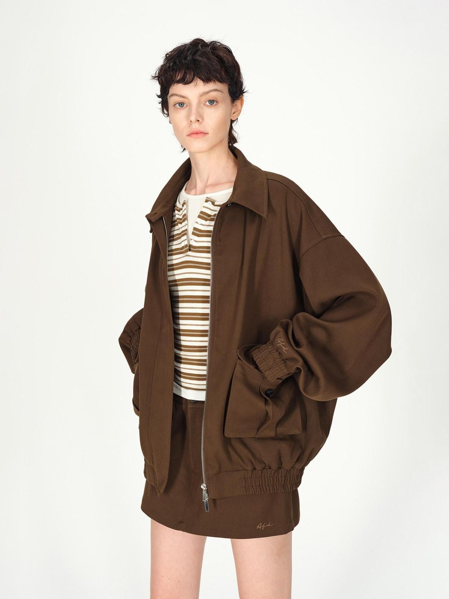 AFTADAWN Brown Lapel Double Zip Pockets A Line Women&