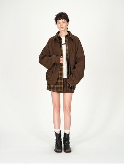 AFTADAWN Brown Lapel Double Zip Pockets A Line Women&