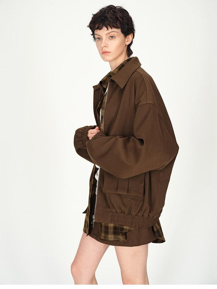 AFTADAWN Brown Lapel Double Zip Pockets A Line Women&