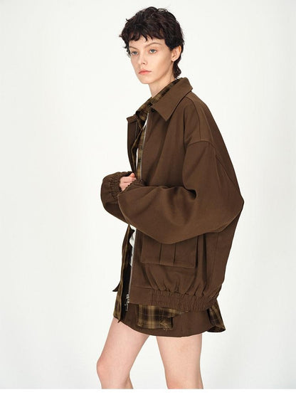 AFTADAWN Brown Lapel Double Zip Pockets A Line Women&