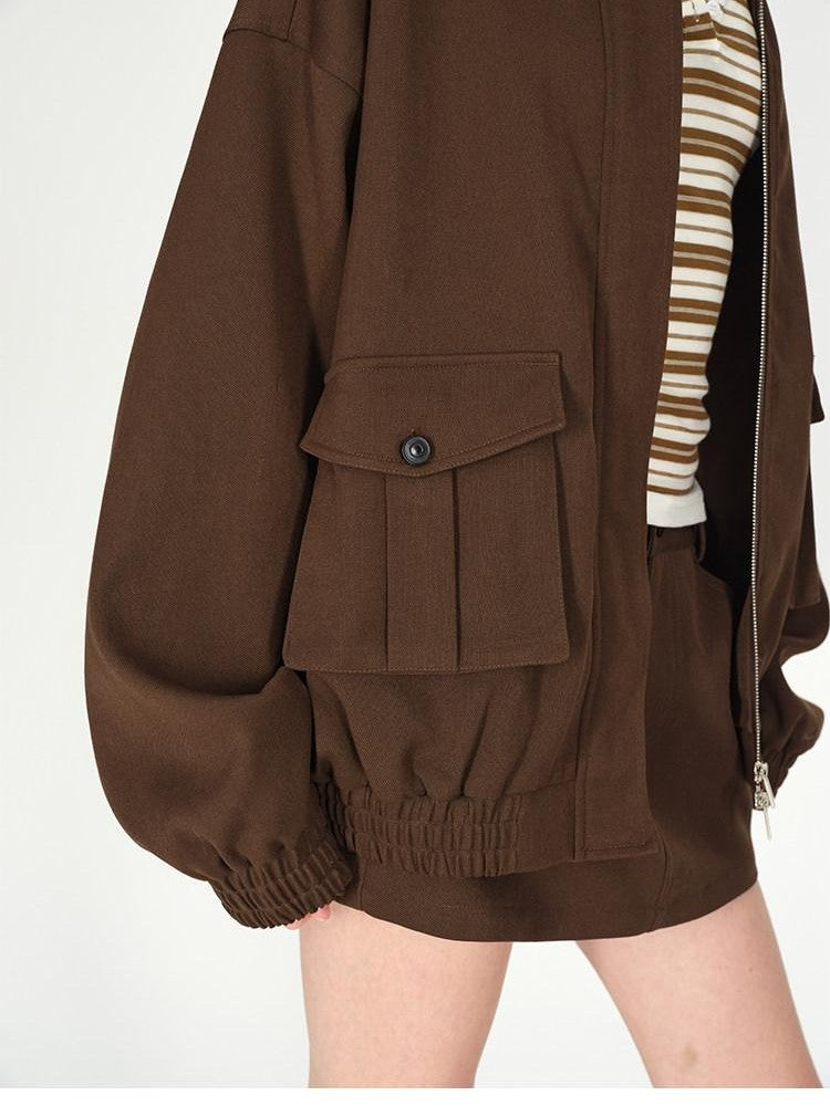 AFTADAWN Brown Lapel Double Zip Pockets A Line Women&