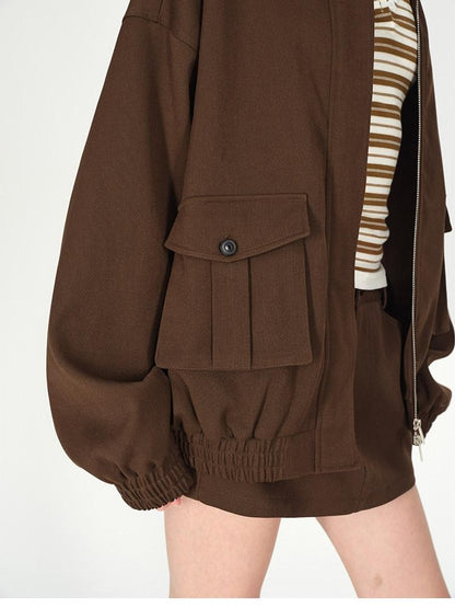 AFTADAWN Brown Lapel Double Zip Pockets A Line Women&