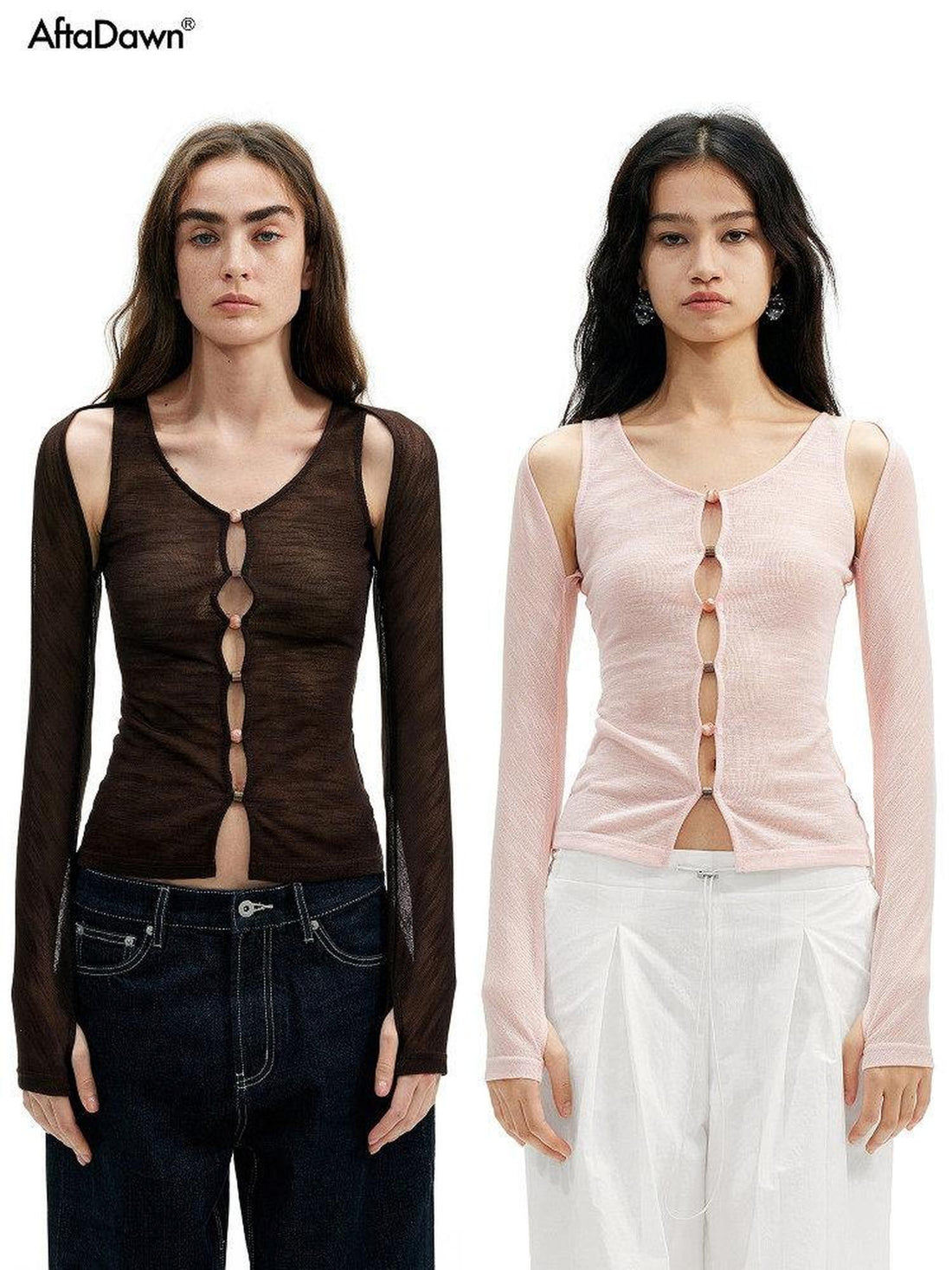 AFTADAWN Brown Pink Openwork Beaded Placket Women&