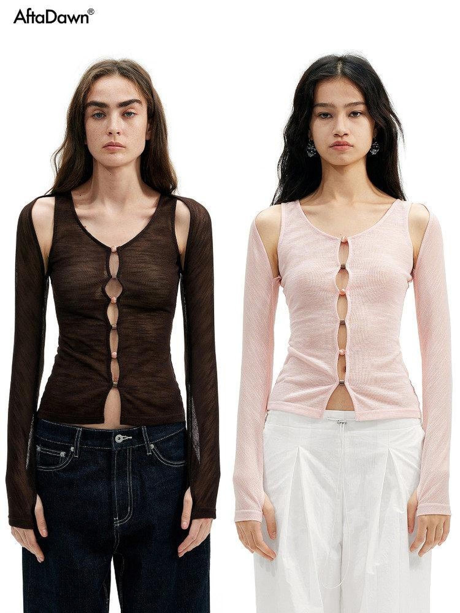 AFTADAWN Brown Pink Openwork Beaded Placket Women&