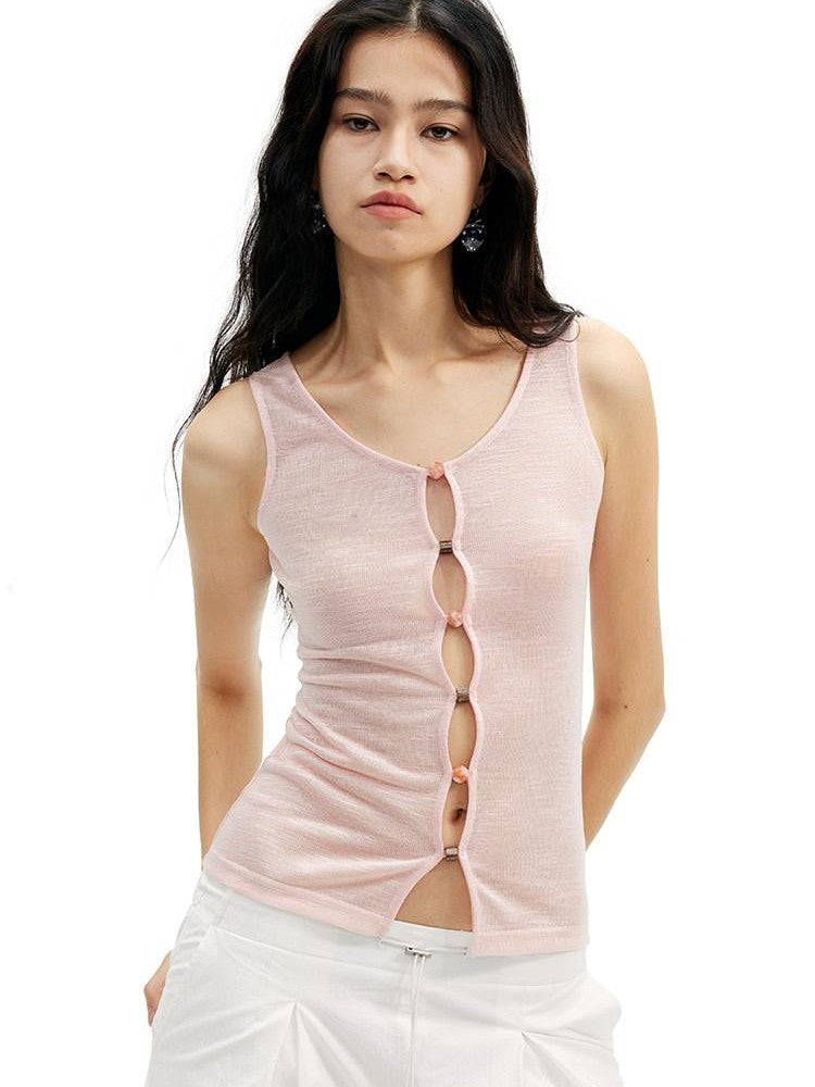AFTADAWN Brown Pink Openwork Beaded Placket Women&
