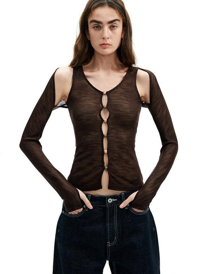 AFTADAWN Brown Pink Openwork Beaded Placket Women&