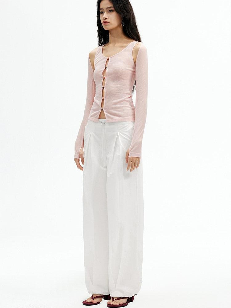 AFTADAWN Brown Pink Openwork Beaded Placket Women&