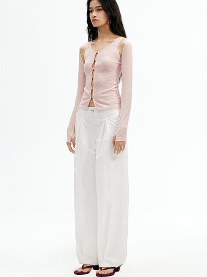 AFTADAWN Brown Pink Openwork Beaded Placket Women&