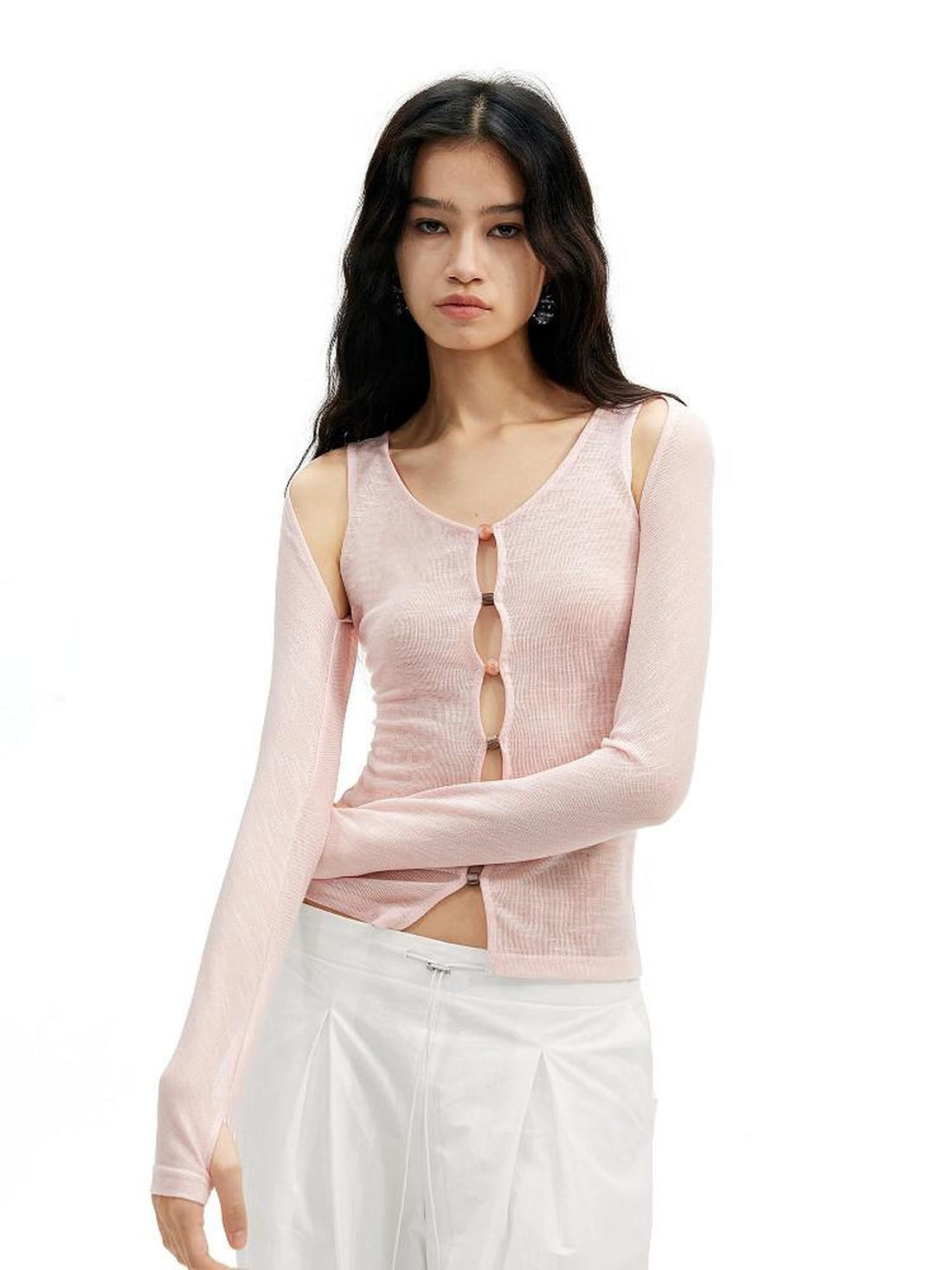 AFTADAWN Brown Pink Openwork Beaded Placket Women&