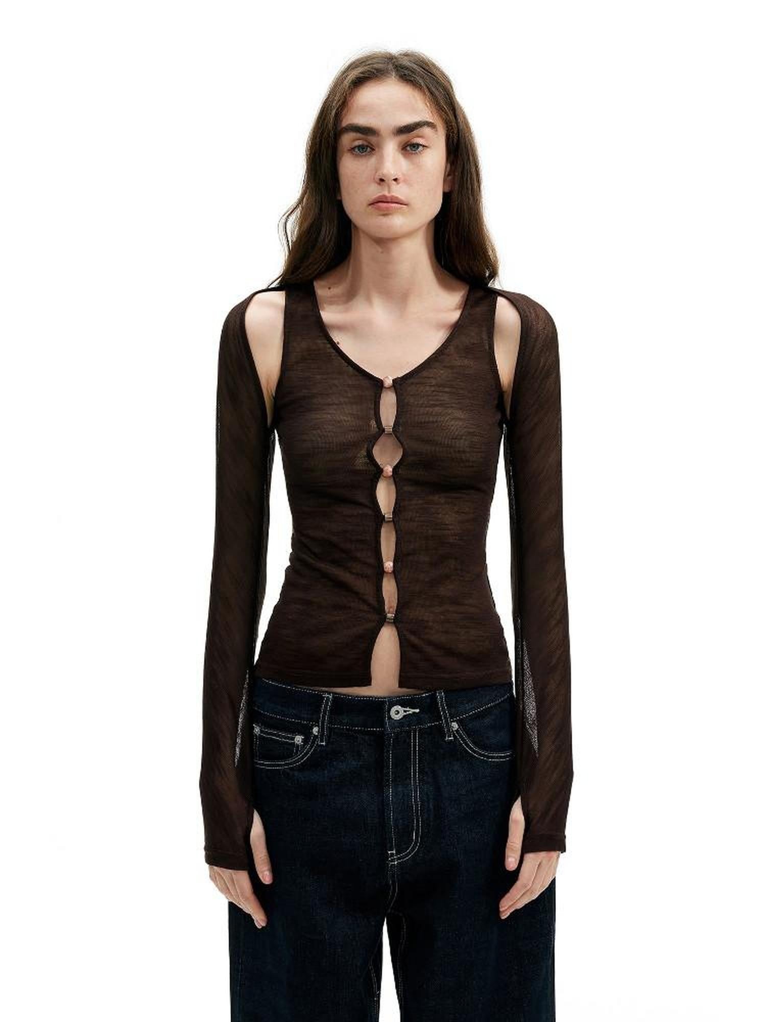 AFTADAWN Brown Pink Openwork Beaded Placket Women&