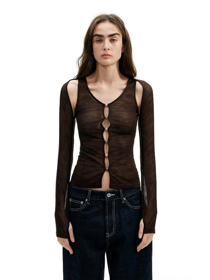 AFTADAWN Brown Pink Openwork Beaded Placket Women&