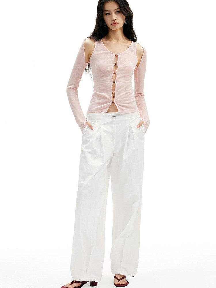 AFTADAWN Brown Pink Openwork Beaded Placket Women&