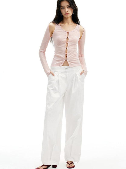AFTADAWN Brown Pink Openwork Beaded Placket Women&