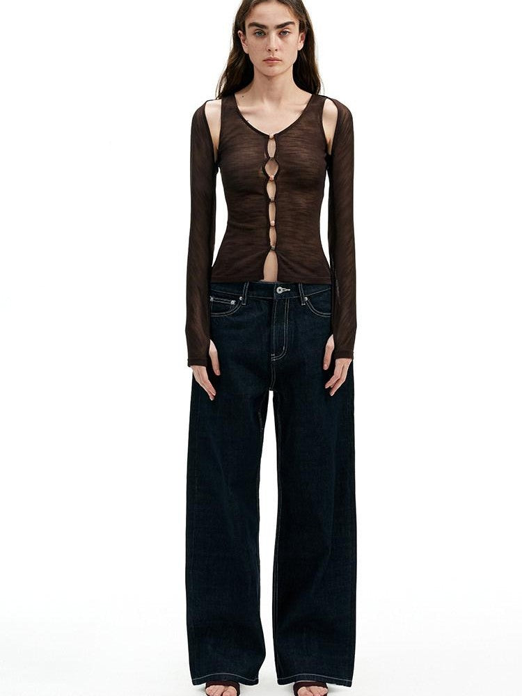 AFTADAWN Brown Pink Openwork Beaded Placket Women&