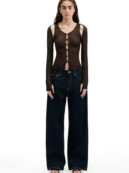 AFTADAWN Brown Pink Openwork Beaded Placket Women&