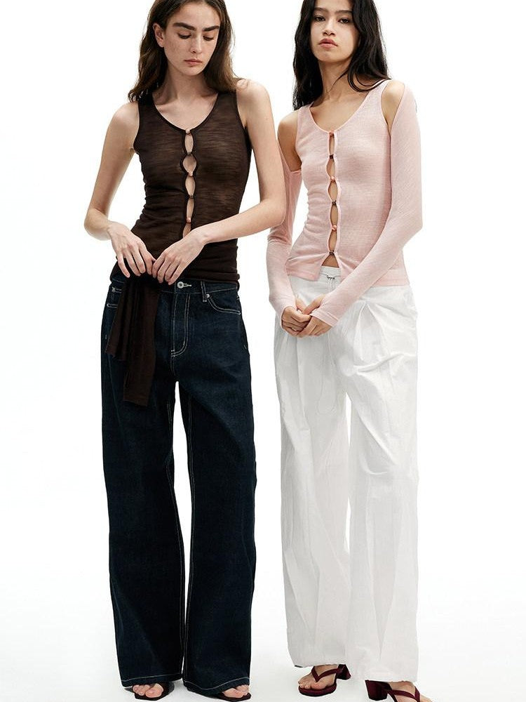 AFTADAWN Brown Pink Openwork Beaded Placket Women&