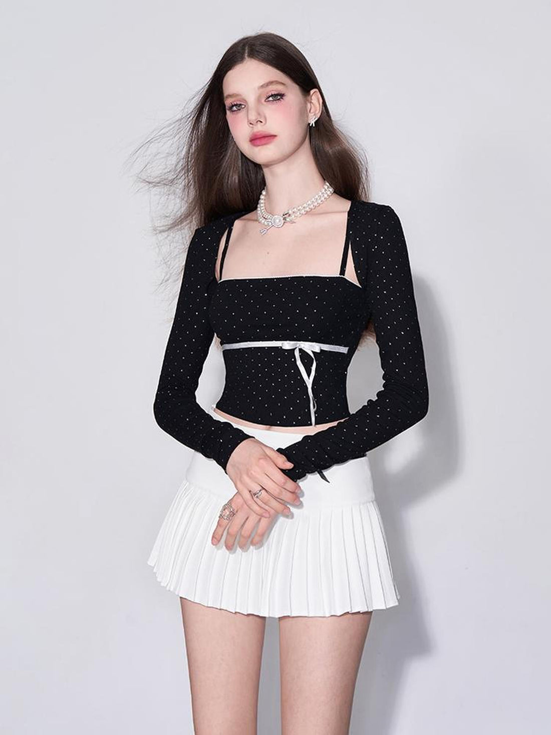 AFTADAWN Butterfly Bow Dot Patterned Bustier Top With Long Sleeve Overlay