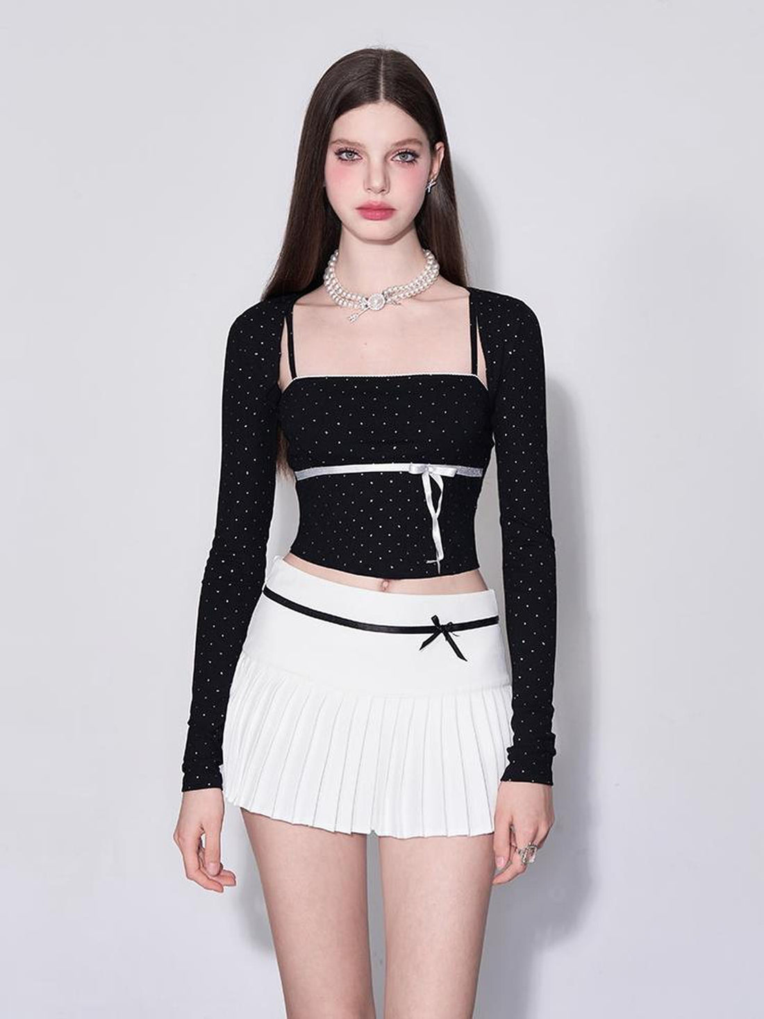 AFTADAWN Butterfly Bow Dot Patterned Bustier Top With Long Sleeve Overlay