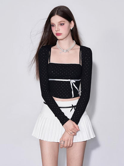 AFTADAWN Butterfly Bow Dot Patterned Bustier Top With Long Sleeve Overlay