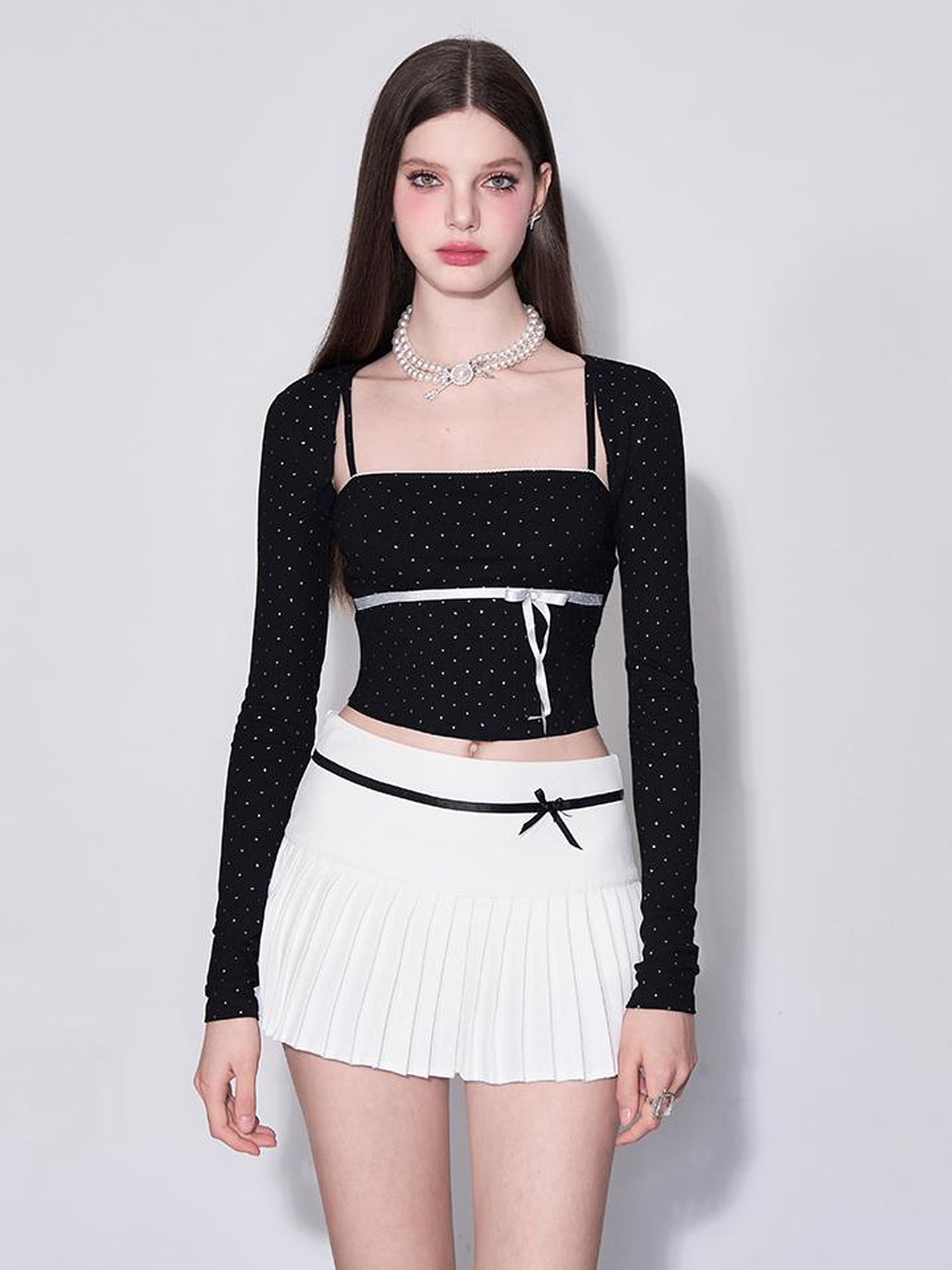 AFTADAWN Butterfly Bow Dot Patterned Bustier Top With Long Sleeve Overlay