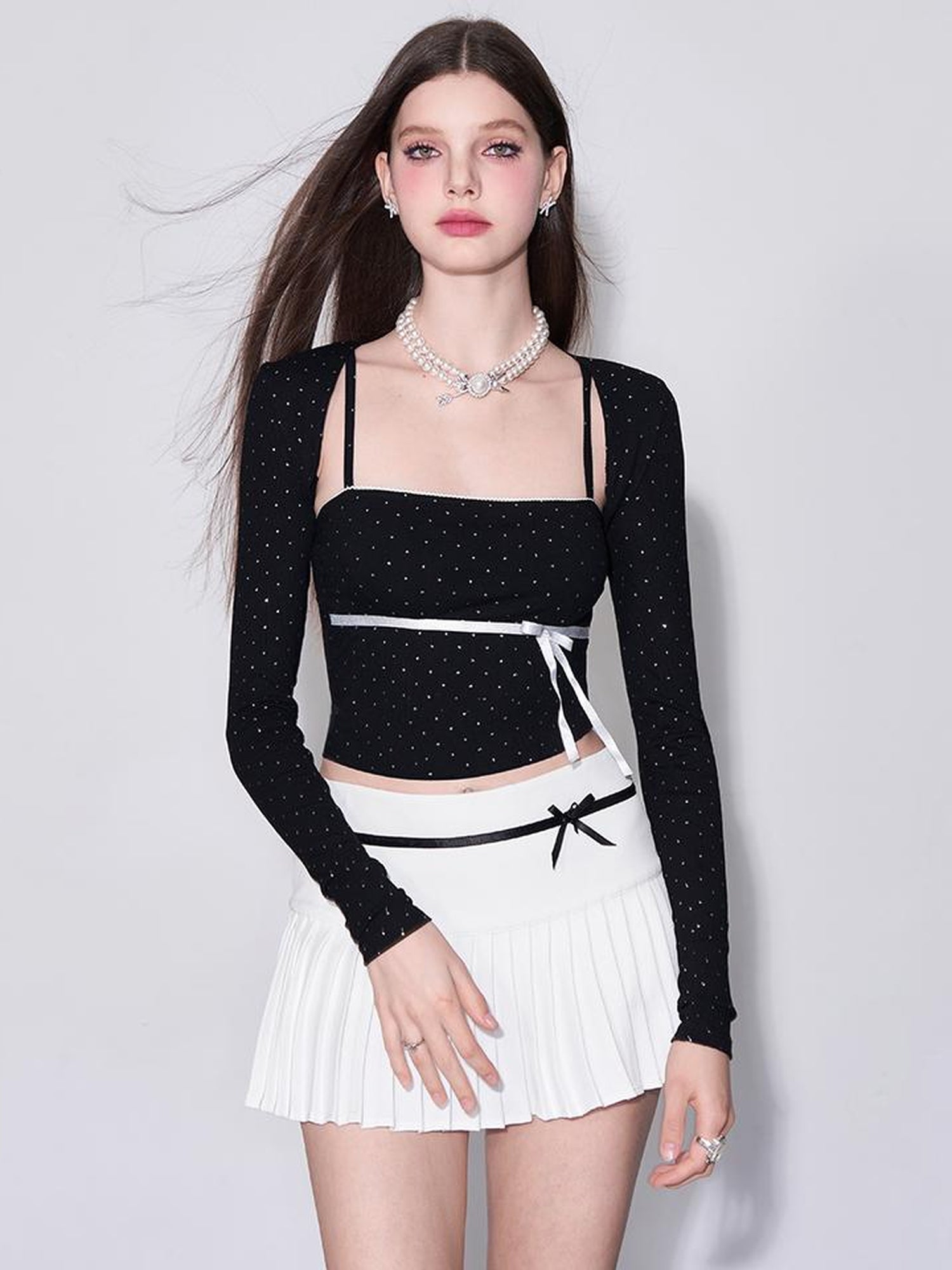AFTADAWN Butterfly Bow Dot Patterned Bustier Top With Long Sleeve Overlay
