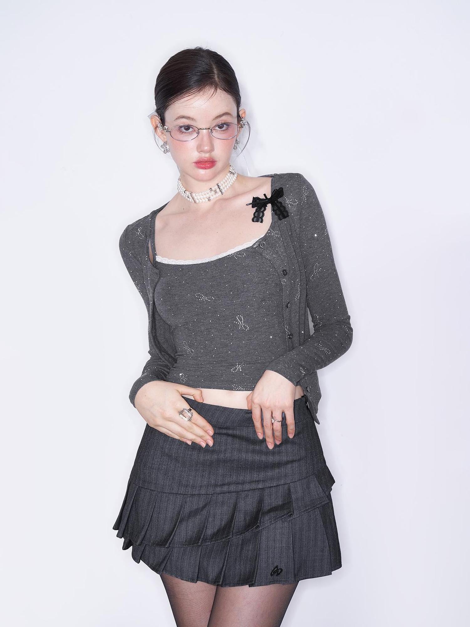 AFTADAWN Butterfly Bow Rhinestone Knit Top Cardigan Set