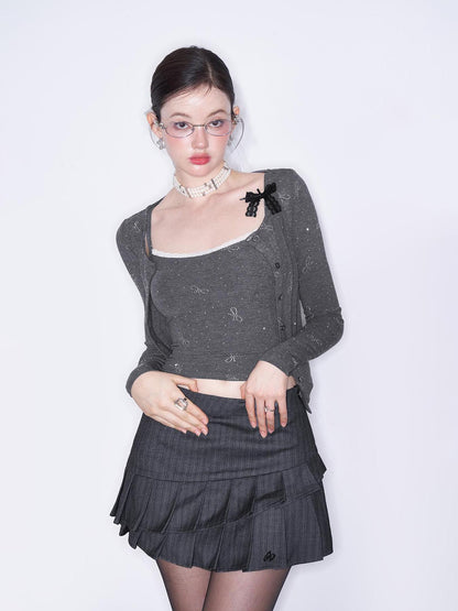AFTADAWN Butterfly Bow Rhinestone Knit Top Cardigan Set