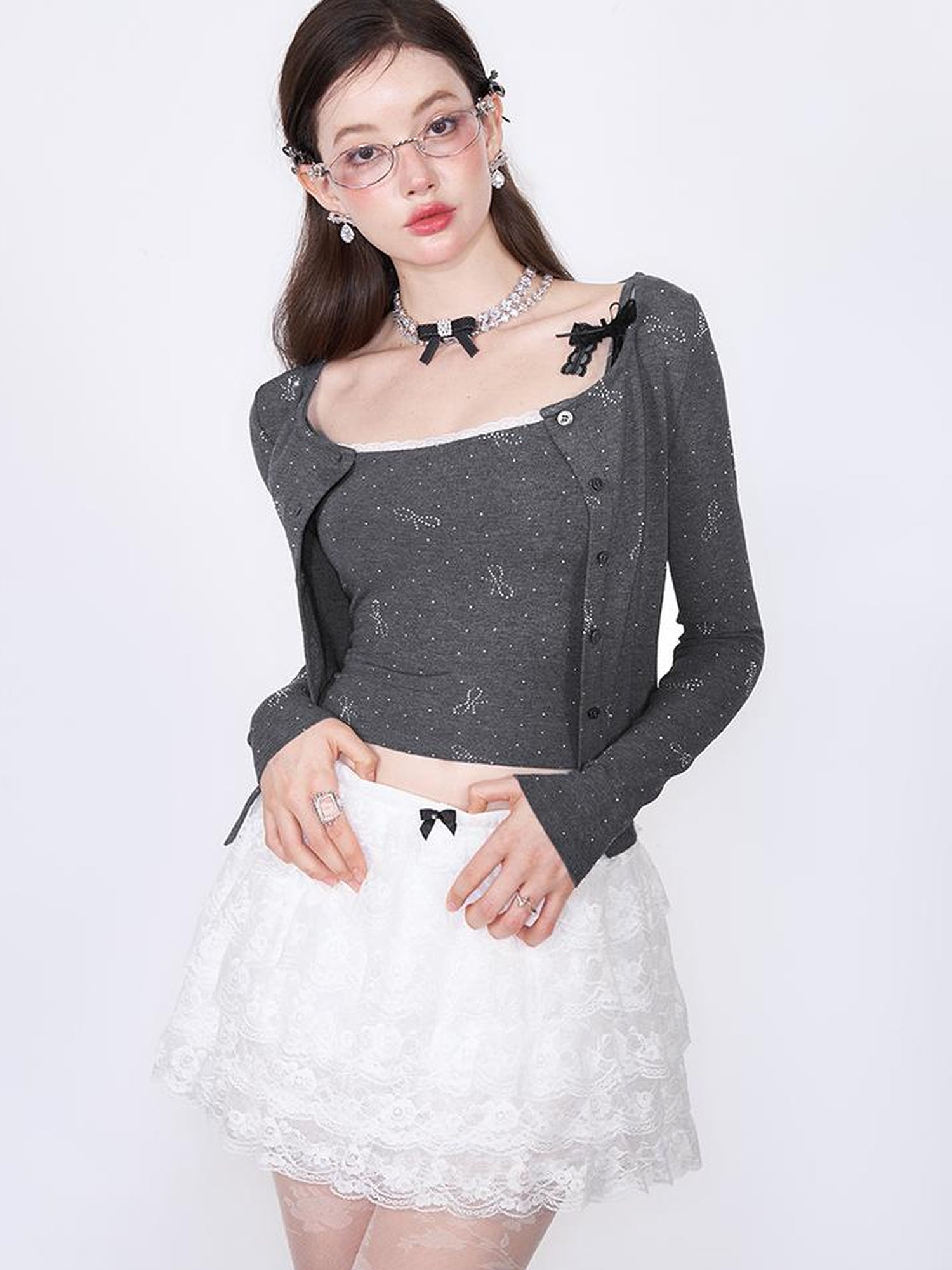 AFTADAWN Butterfly Bow Rhinestone Knit Top Cardigan Set