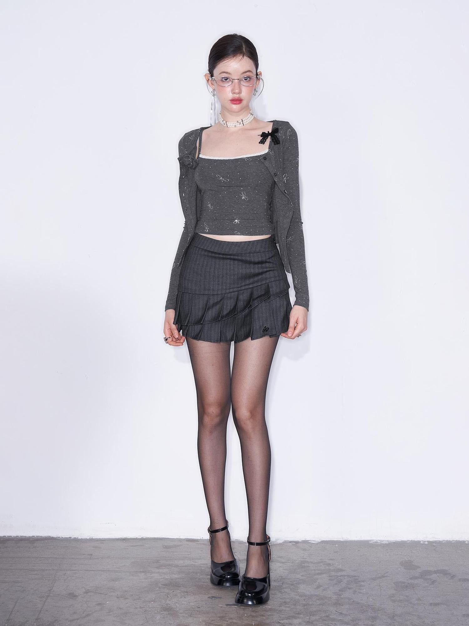 AFTADAWN Butterfly Bow Rhinestone Knit Top Cardigan Set