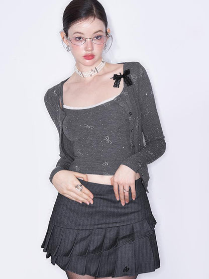 AFTADAWN Butterfly Bow Rhinestone Knit Top Cardigan Set