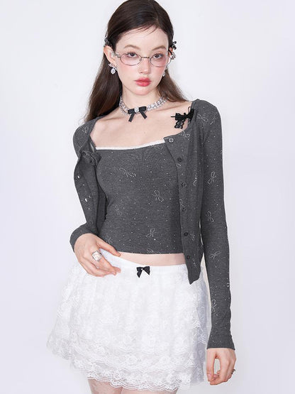 AFTADAWN Butterfly Bow Rhinestone Knit Top Cardigan Set