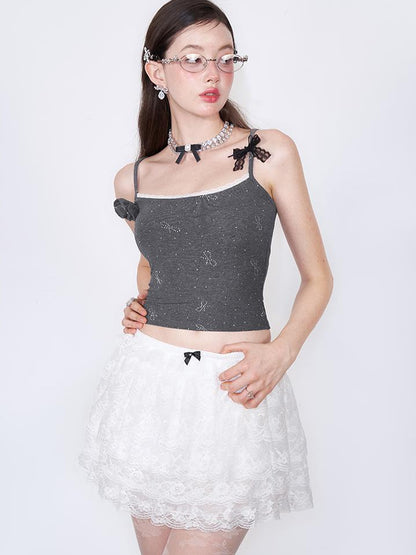 AFTADAWN Butterfly Bow Rhinestone Knit Top Cardigan Set