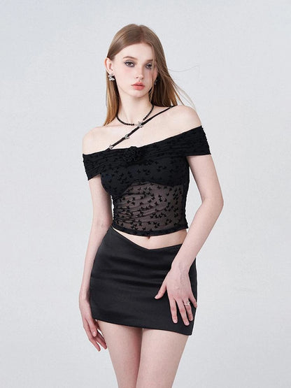 Butterfly Embroidered Mesh One Shoulder Crop Top